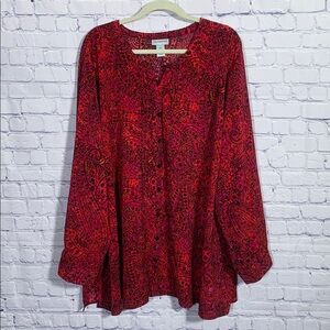 Catherines Womens Button Down Printed Top Pink Red Sz 4X Casual Business Preppy